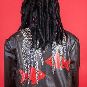 Hand-Painted Upcycled Unique Dark Brown Leather Jacket by Style & Co, &#39;Magic Hands,&#39; Size M, Wearable Art, Repurposed Fashion, Unisex