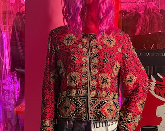 Vintage 90s Adrianna Papell Silk Blazer – Red Embroidered Evening Jacket
