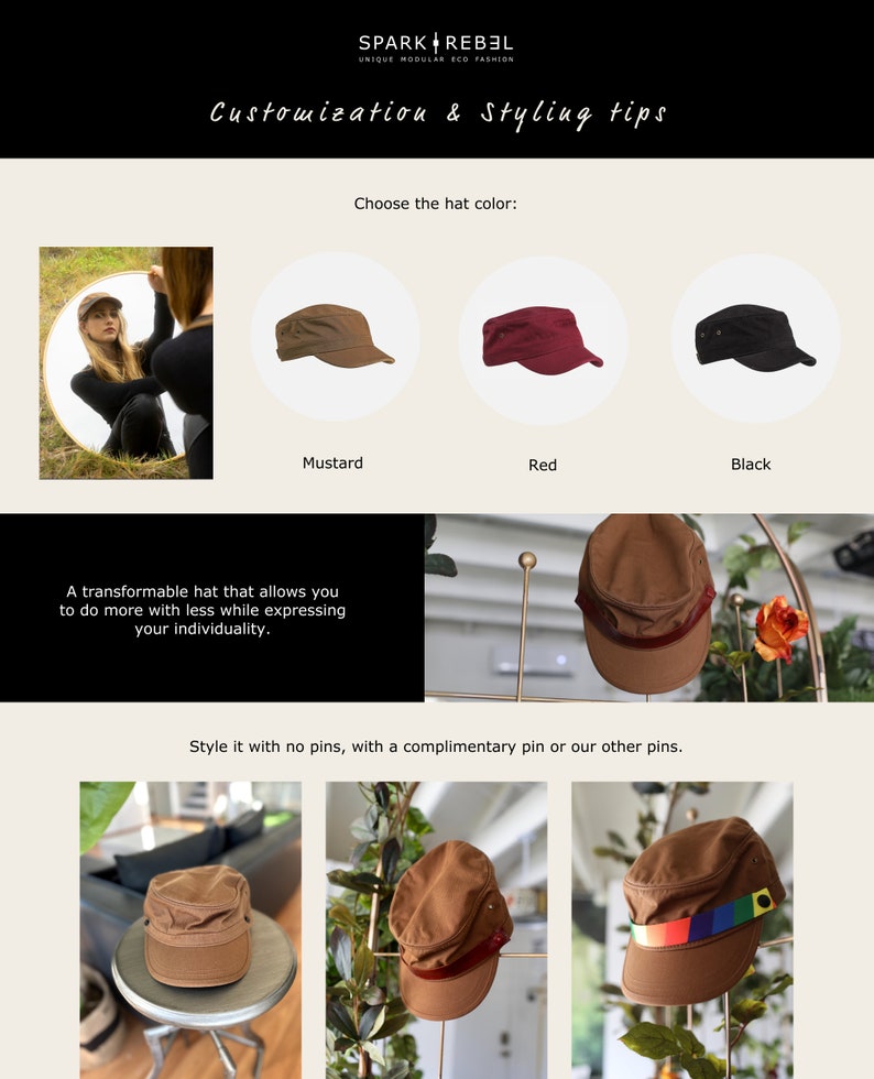 Discover our transformable hat, crafted from organic cotton and accompanied by an up-cycled leather pin.