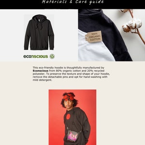 May include: Black hoodie with a drawstring hood and kangaroo pocket. The hoodie is made from 80% organic cotton and 20% recycled polyester. The tag says "100% Organic Cotton" and "Econscious".