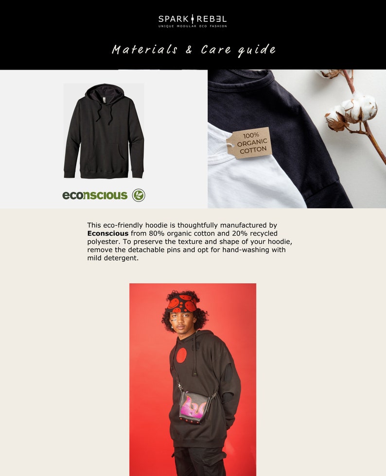 May include: Black hoodie with a drawstring hood and kangaroo pocket. The hoodie is made from 80% organic cotton and 20% recycled polyester. The tag says "100% Organic Cotton" and "Econscious".