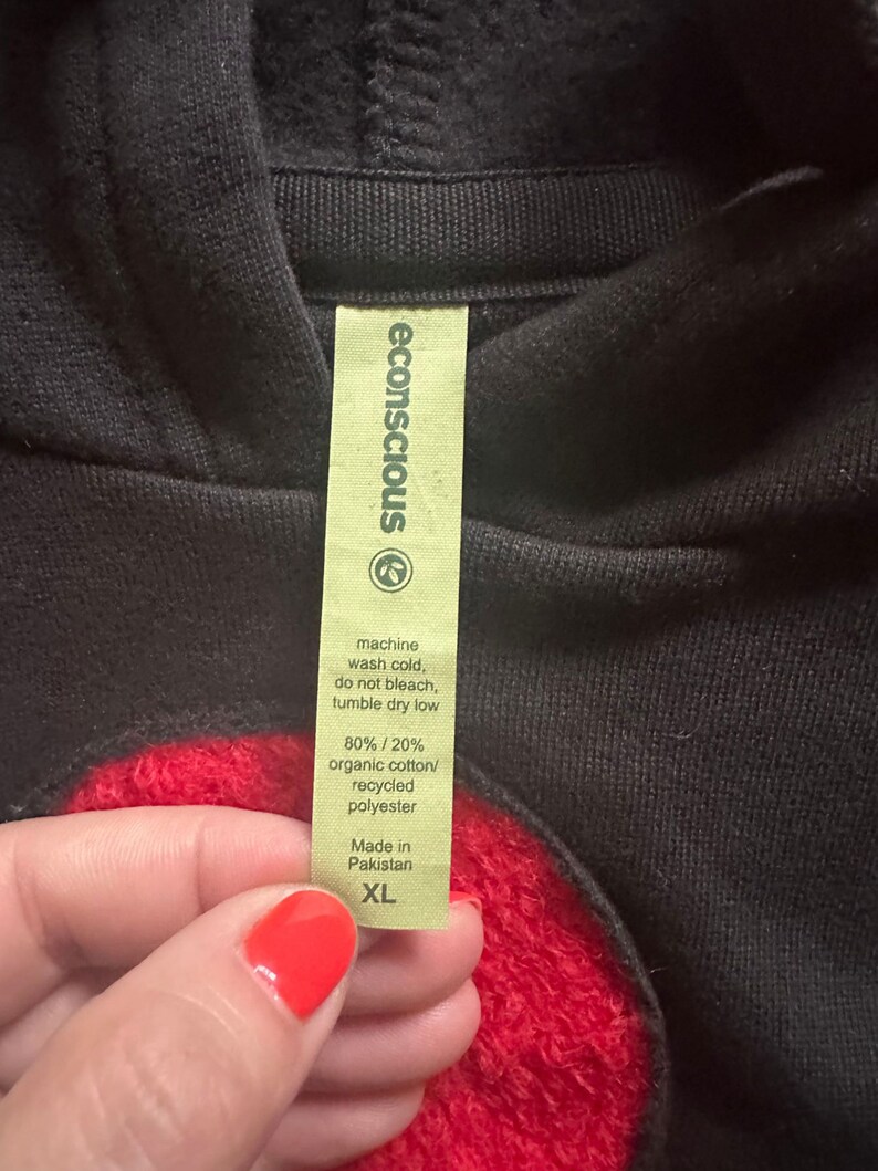 May include: Black hoodie with a red heart design and a green tag that says "econscious" and includes care instructions and fabric content. The tag also says "Made in Pakistan" and "XL".