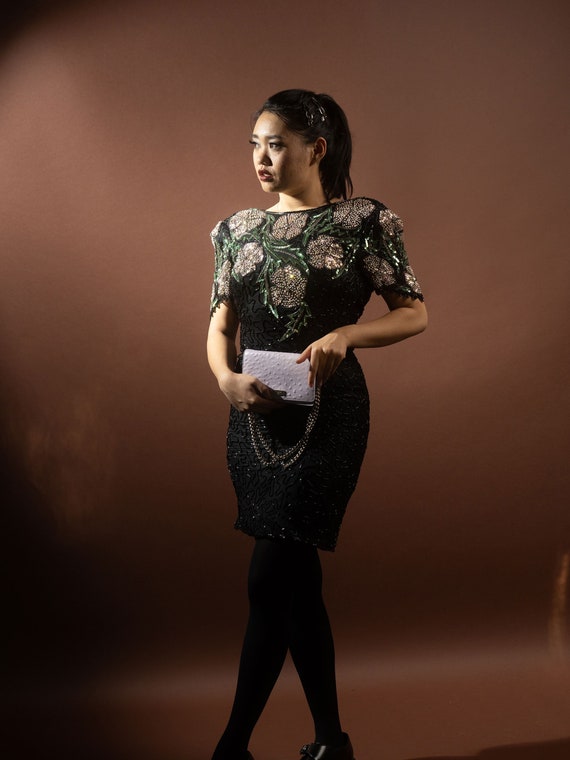 Vintage 80s Scala Black Floral Beaded Sequin Dress