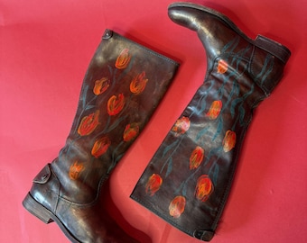Upcycled Frye Tulip Leather Boots • Hand-Painted Floral Boots • Brown Tall Riding Boots • Women’s Size 8.5B