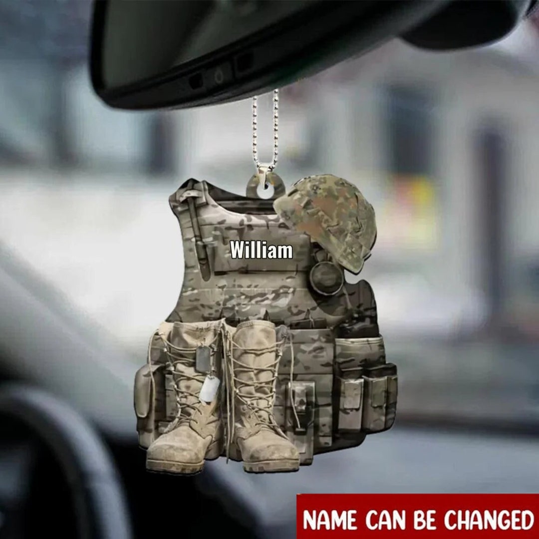 Personalized Soldier Uniform Boots and Hat Car Hanging Ornament, Custom