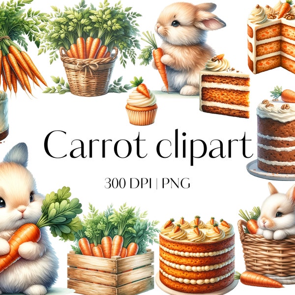 33 Watercolor carrot clipart PNG Cute bunny clipart Carrot cake clipart Spring clipart Garden clipart Paper crafts Junk Journal Scrapbooking