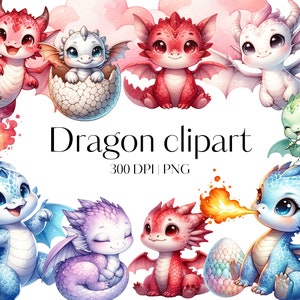 Niedliche Drachen Clipart - 24 Drachen PNG - Baby Drachen png Aquarell Drachenei Baby Drachen Clipart Bündel Sublimation Junk Journal Sammelalbum