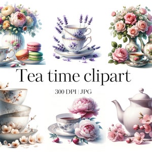 Tea time Clipart, 16 hochwertige JPGs Printable Aquarell Clipart Papier Handwerk Junk Journals Macaron Kekse Aquarell Teeparty Clipart