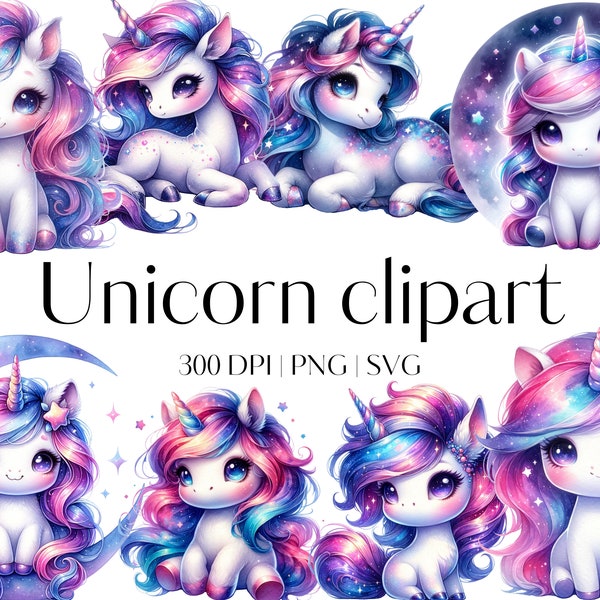 15 Magical Unicorn clipart bundle Rainbow Unicorn clip art elements Unicorn PNG SVG Transparent background Kawaii unicorn Nursery clipart