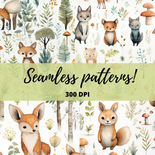5 Watercolor Seamless Patterns Fabric Print with Cute Forest Animals Scrapbooking Digital Paper Woodland Fox Rabbit Mushrooms