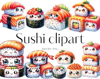 20 Cute sushi clipart Food clipart Sushi PNG Watercolor sushi clipart Japanese clipart Cute Kawaii clipart Sushi rolls Nigiri Salmon sushi