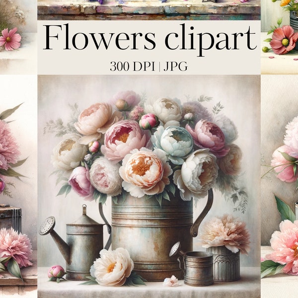 Lot de cliparts fleurs shabby chic rétro | Aquarelle de haute qualité, 20 fichiers JPG pour la création, la tenue d'un journal, l'album, le papier de découpage