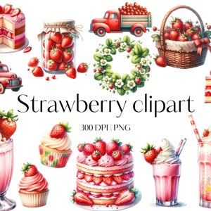 15 cliparts aquarelle fraise clipart ferme de fraises PNG graphiques cupcake sablé aux fraises journal indésirable scrapbooking artisanat en papier