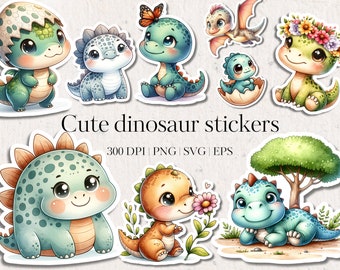 May include: Set of 9 cute cartoon dinosaur stickers. The stickers feature dinosaurs in various poses, including a dinosaur hatching from an egg, a dinosaur with a flower, and a dinosaur with a butterfly. The stickers are perfect for adding a touch of whimsy to your projects.