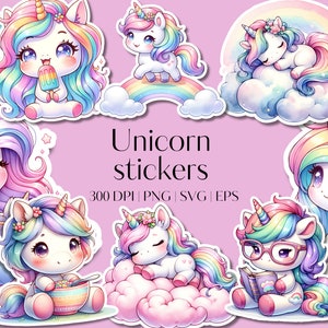 21 Unicorn printable sticker bundle - Cricut Sticker PNG bundle Unicorn clip art element - Vector files - SVG designs Kawaii rainbow unicorn