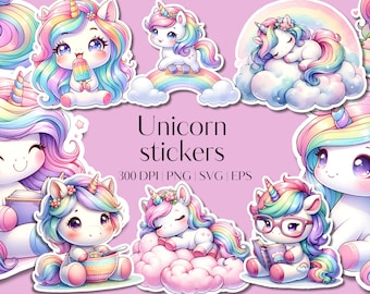 21 Unicorn printable sticker bundle - Cricut Sticker PNG bundle Unicorn clip art element - Vector files - SVG designs Kawaii rainbow unicorn