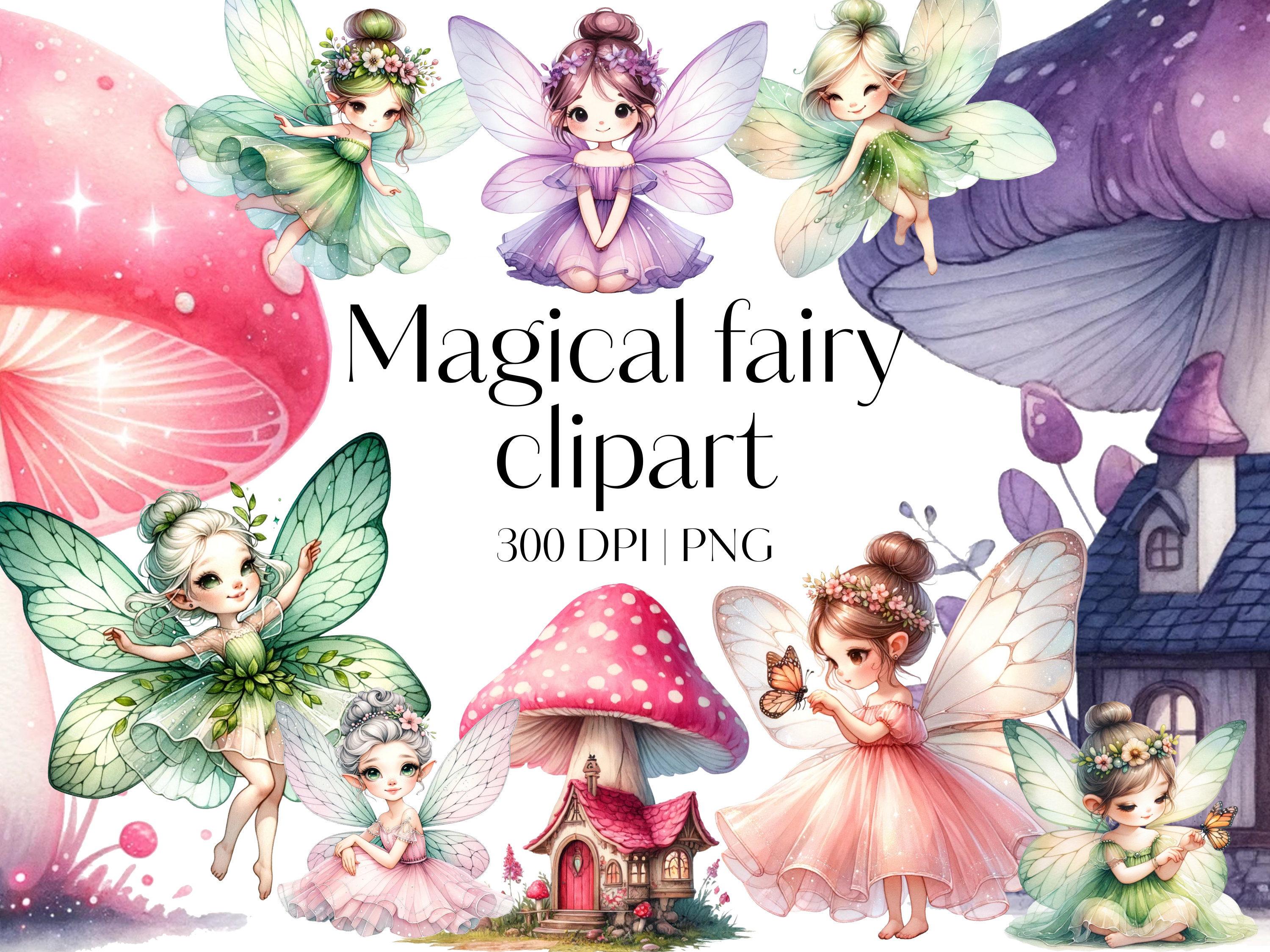 Fairy Garden Watercolor Clipart - 39 Fairies PNG Clipart - Fairy House ...