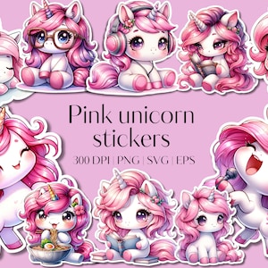 25 Pink Unicorn printable sticker bundle - Cricut Sticker PNG bundle Unicorn clip art elements - Vector files - SVG designs Kawaii unicorn