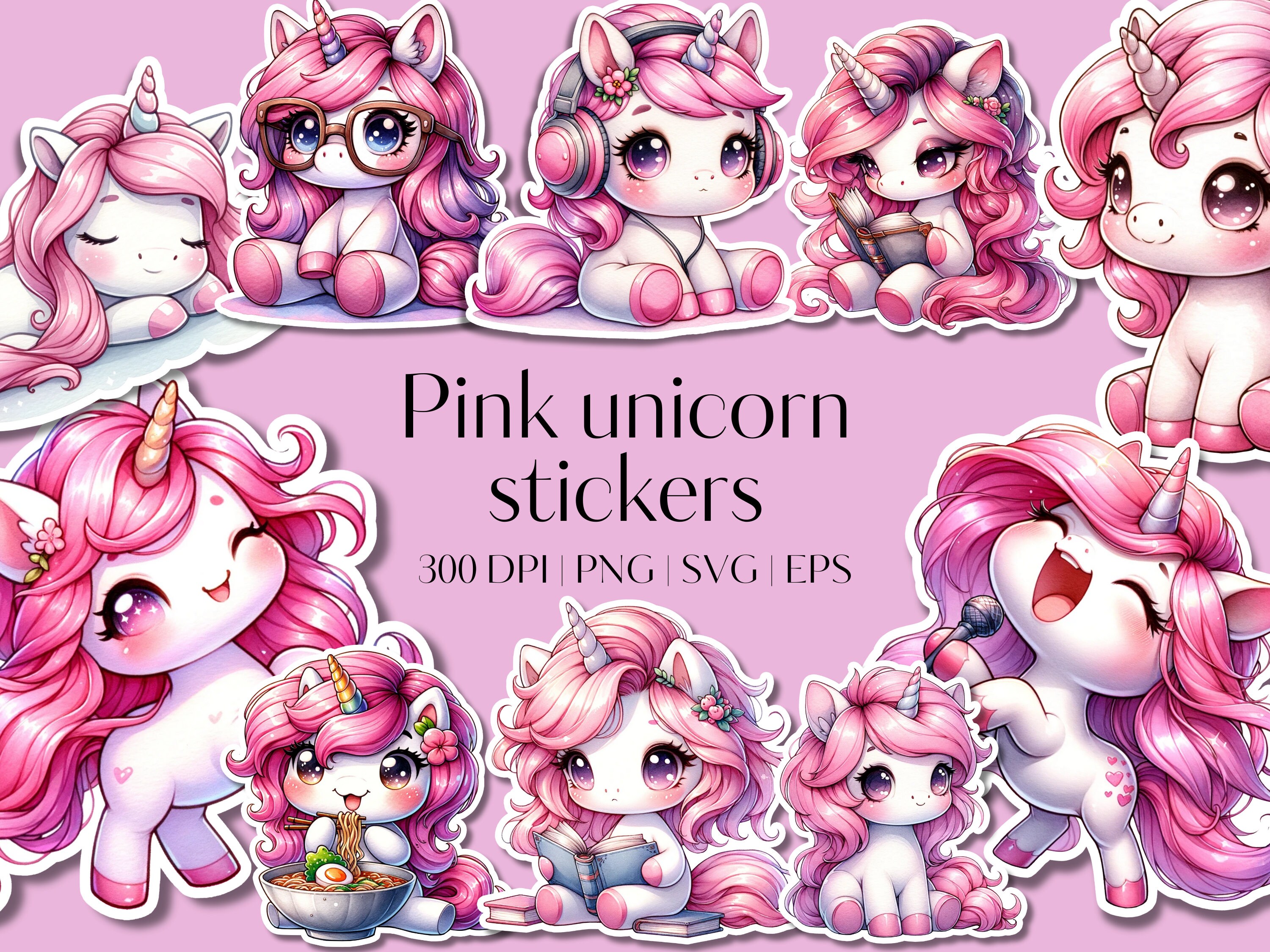 25 Pink Unicorn Printable Sticker Bundle Cricut Sticker PNG Bundle ...