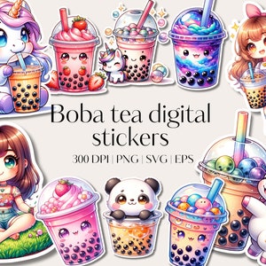 23 Cricut stickers clipart - Sticker PNG bundle - Printable clipart stickers - Vector files - SVG designs Boba Tea Sticker Clipart Set
