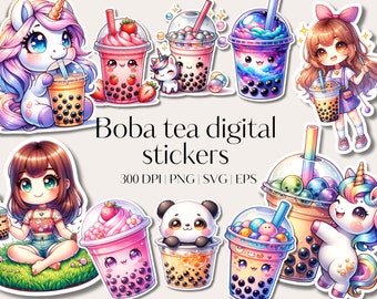 23 Cricut stickers clipart - Sticker PNG bundle - Printable clipart stickers - Vector files - SVG designs Boba Tea Sticker Clipart Set