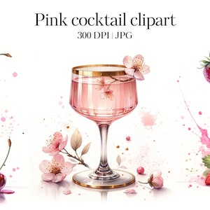 14 clipart di cocktail rosa, JPG di alta qualità, bevande floreali rosa, clipart acquerello stampabile, grafica Girly, artigianato di carta, diari spazzatura