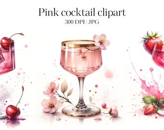14 Pink cocktails clipart, High Quality JPGs, Floral pink drinks, Printable Watercolor clipart, Girly graphics, Paper craft, junk journals
