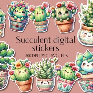 Pegatinas de Cricut clipart - Paquete de 22 pegatinas PNG - Pegatinas clipart imprimibles - Archivos vectoriales - Diseños SVG Pegatinas de cactus Clipart de suculentas