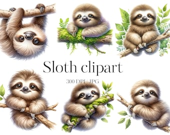 Sloth clipart | 12 Baby sloth clipart | High quality JPG | Lazy sloth | Paper craft, Scrapbooking, Junk journal, Decoupage, Commercial use