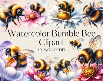 10 Watercolor bumble bee clipart PNG bumble bee Spring clipart Bumble bee print Cute bee Spring bee clipart Transparent background