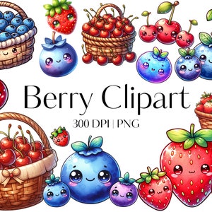 19 Clipart de baies mignonnes - Clipart fraise - Clipart cerise - Clipart myrtille - Clipart fruit Fond transparent Utilisation commerciale