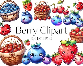 19 Cute berries clipart - Strawberry clipart - Cherry clipart - Blueberry clipart - Fruit clipart Transparent background Commercial use