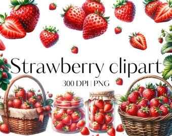 18 Strawberry clipart High quality strawberry PNG Watercolor strawberry clipart Fruit clipart Summer clipart Junk journal Scrapbook