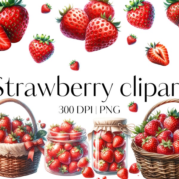 18 Strawberry clipart High quality strawberry PNG Watercolor strawberry clipart Fruit clipart Summer clipart Junk journal Scrapbook