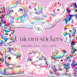 96 Paquete de imágenes prediseñadas de pegatinas Cricut - Paquete PNG de pegatinas - Pegatinas de imágenes prediseñadas imprimibles - Archivos vectoriales - Diseños SVG Imágenes prediseñadas de Rainbow Unicorn