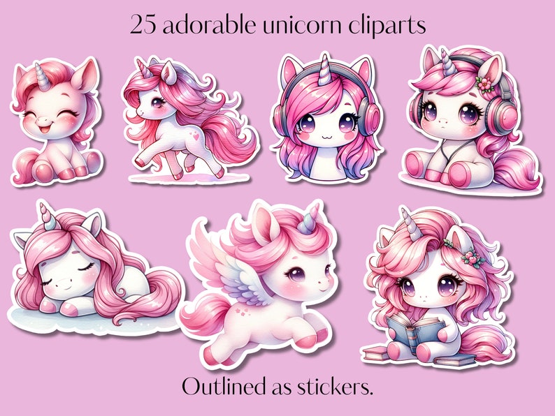 25 Pink Unicorn Printable Sticker Bundle Cricut Sticker PNG Bundle ...