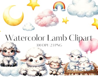 23 Watercolor lamb clipart Cute sheep clipart Baby sheep clipart Moon clipart Sheep PNG Nursery decor Cute animals clipart Transparent PNG