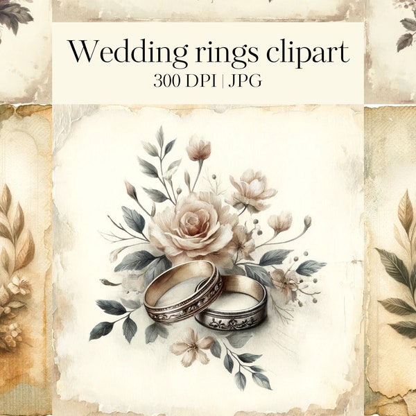 10 Shabby chic Wedding rings clipart JPG Bridal rings Junk journal Wall art Scrapbooking Watercolor rings clipart Wedding Invitation clipart