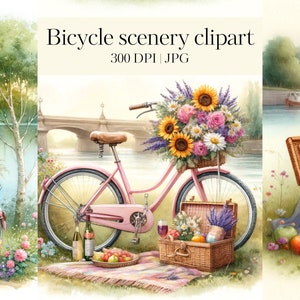 Clipart de cenário de bicicleta, 12 JPGs de alta qualidade, clipart de aquarela para impressão, artesanato em papel, decoupage de diários indesejados, clipart de piquenique em aquarela