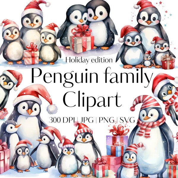 12 Watercolor penguin clipart Penguin couple clipart Cliparts bundle Winter Clipart Penguin PNG Penguin SVG Family clipart Xmas Scrapbook