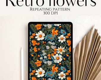 4 Retro flowers repeating pattern - Floral repeat pattern - Repeating design patterns - 12 x 12 in - 300DPI Fabric Print - Seamless pattern
