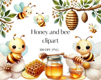 21 Cute watercolor Bee clipart, Beehive clipart, Honey clipart, Honeycomb clipart, Bees Clipart, Bee illustration, Transparent PNG