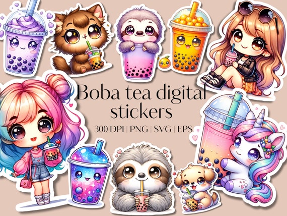 36 Cricut stickers clipart - Sticker PNG bundle - Printable clipart stickers - Vector files - SVG designs Boba Tea Sticker Clipart Set
