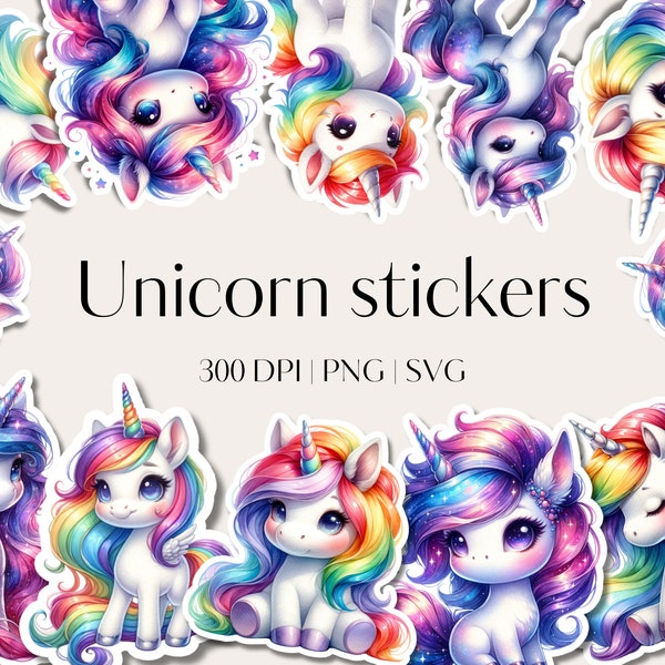 Cricut stickers - 30 Ready to Print - Sticker PNG bundle - Printable clipart stickers - Vector files - SVG designs Rainbow Unicorn clipart