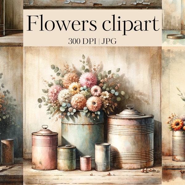 Shabby Chic Retro Cans Flowers Clipart Bundle | High Quality Watercolor 13 JPGs for Crafting, Journaling, Scrapbook, Decoupage paper