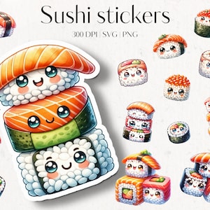 Puede incluir: Una colección de adorables pegatinas de sushi con caras sonrientes. Las pegatinas presentan varios tipos de sushi, incluyendo nigiri y rollos, con salmón, aguacate y huevas. El texto en la imagen dice "Sushi stickers" y "300 DPI | SVG | PNG".
