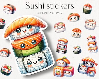 22 Cricut stickers clipart - Sticker PNG bundle - Printable clipart stickers - Vector files - SVG designs Cute Sushi clipart