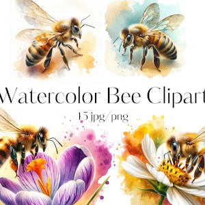 15 Watercolor cute bee digital images JPGs Bee clipart PNG Honey bee clipart Busy bee and flower Spring garden watercolor clipart
