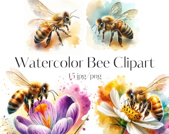 May include: Watercolor clipart featuring four bees in various poses. Two bees are flying, one is perched on a purple crocus flower, and one is on a white daisy. The bees are painted in shades of brown, yellow, and black. The background is a watercolor wash of yellow, orange, pink, and blue.
