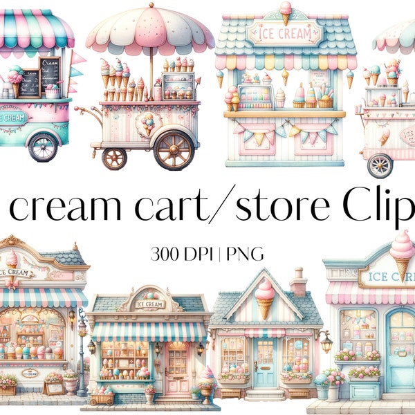 15 Ice cream cart clipart Ice cream shop clipart Ice cream logo Ice cream shop decor  Storefront clipart Ice cream stalls watercolor clipart